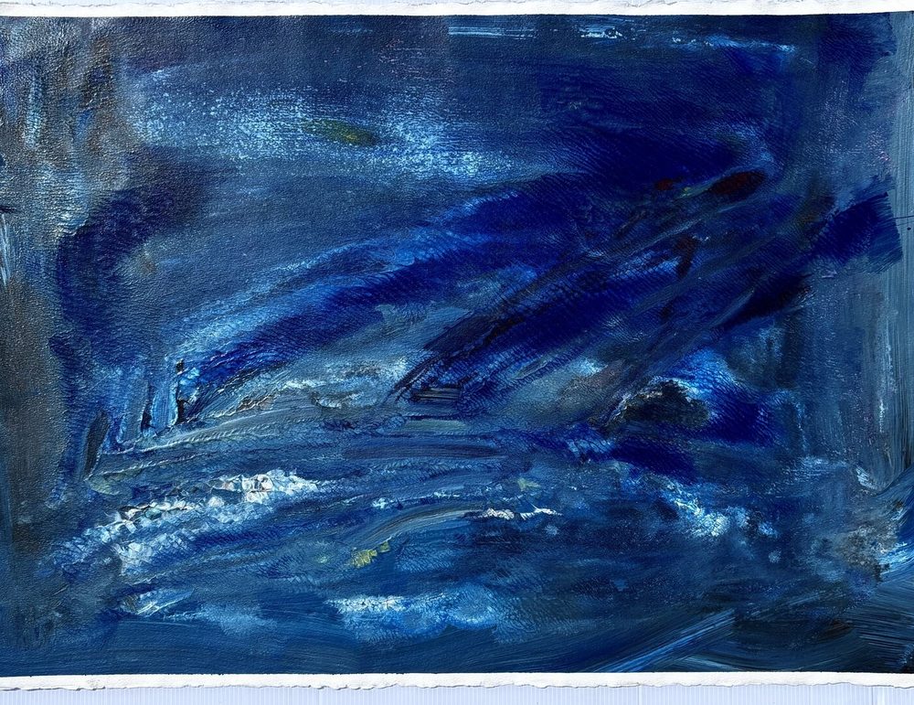 Deep blue abstract painting with sweeping brushstrokes.